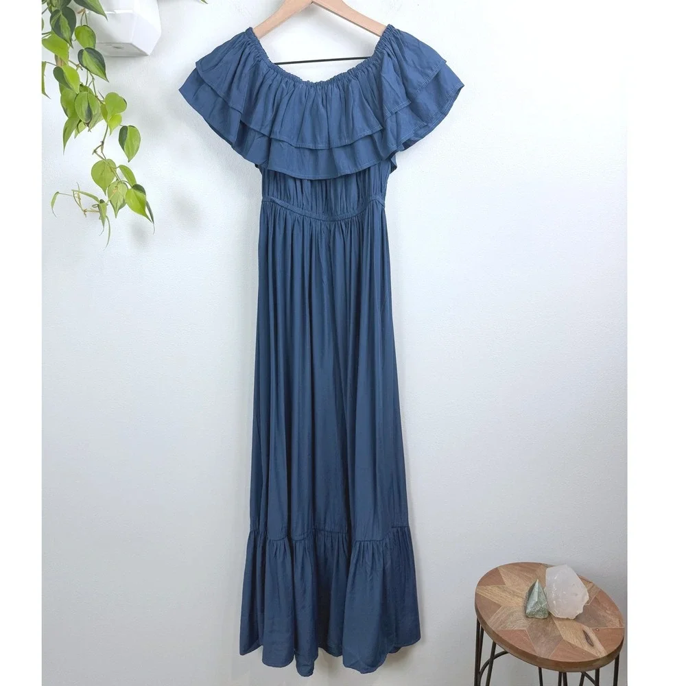 Anna-Kaci Blue Ruffle Off Shoulder Smocked Maxi Dress Rayon Cupro Boho S